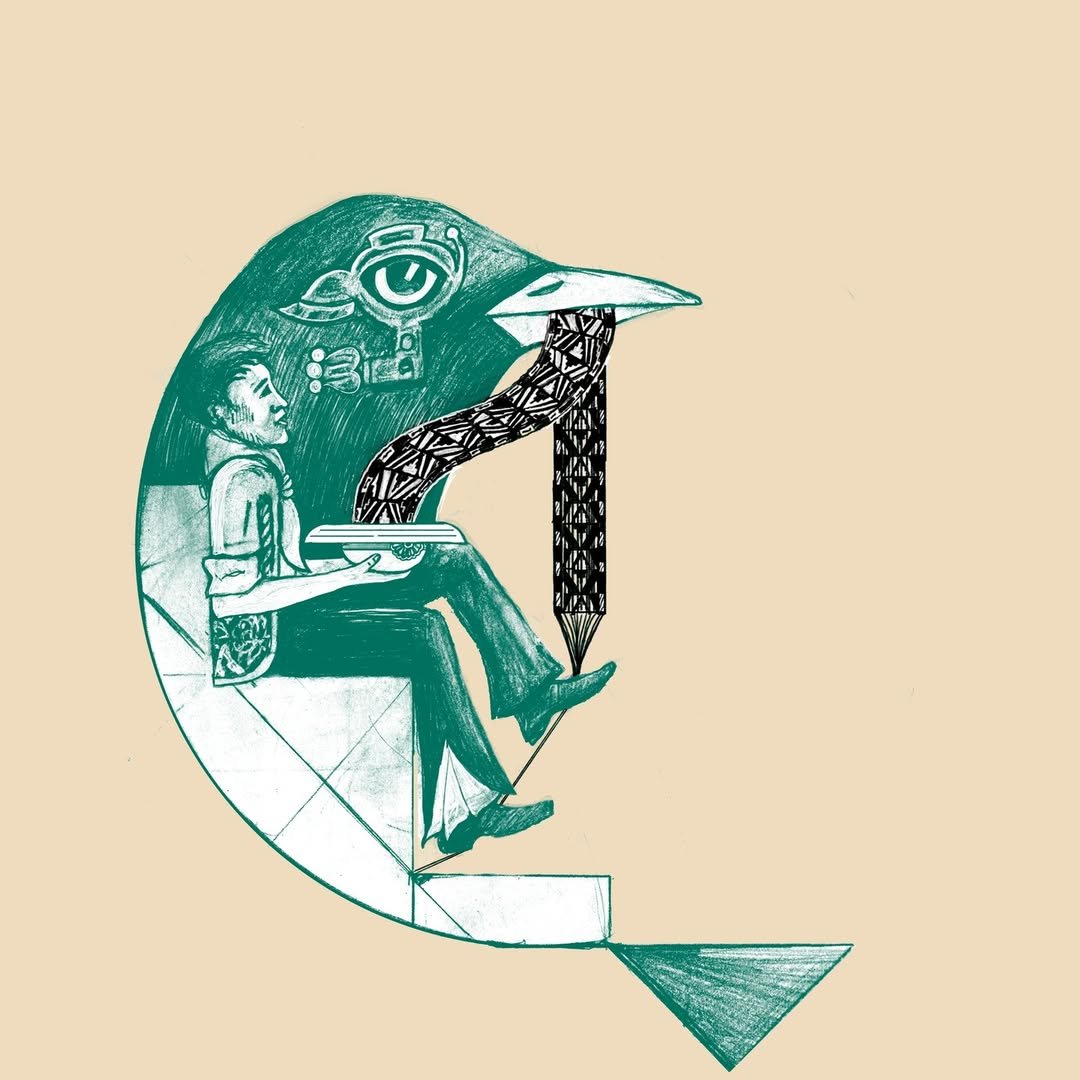 Ilustración cuadrada con fondo crema; a la izquierda, una cabeza gigante de ave en tonos verdes; junto a ella, un hombre pequeño vestido con traje típico waylash wanka, sentado en unas escaleras, sosteniendo su sombrero en la mano derecha; ambos miran hacia arriba a la derecha; del sombrero cuelga una tela negra con líneas blancas que forman motivos.