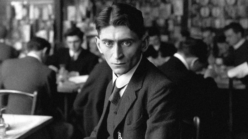 Retrato en blanco y negro de Franz Kafka, sentado entre otros hombres en un café o restaurante.